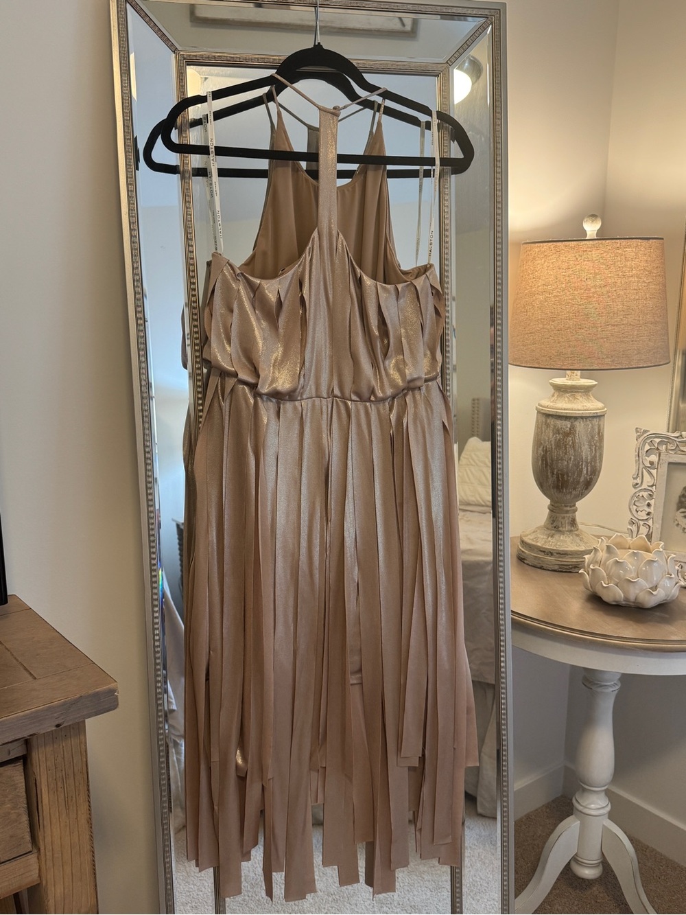 Halston Metallic Gold Champagne Halter Fringe Mini Dress - Picture 2 of 5